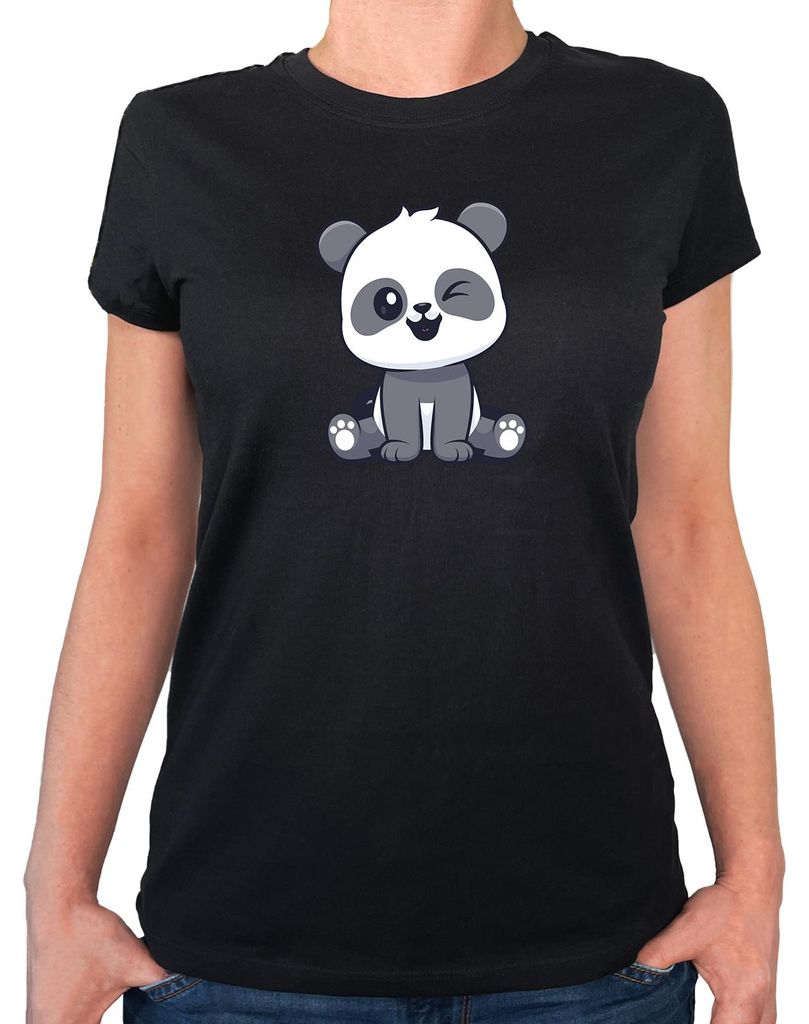 Huuraa Damen T-Shirt Panda Comic XL Black Bio Baumwolle Fairtrade Damenshirt Geschenkidee