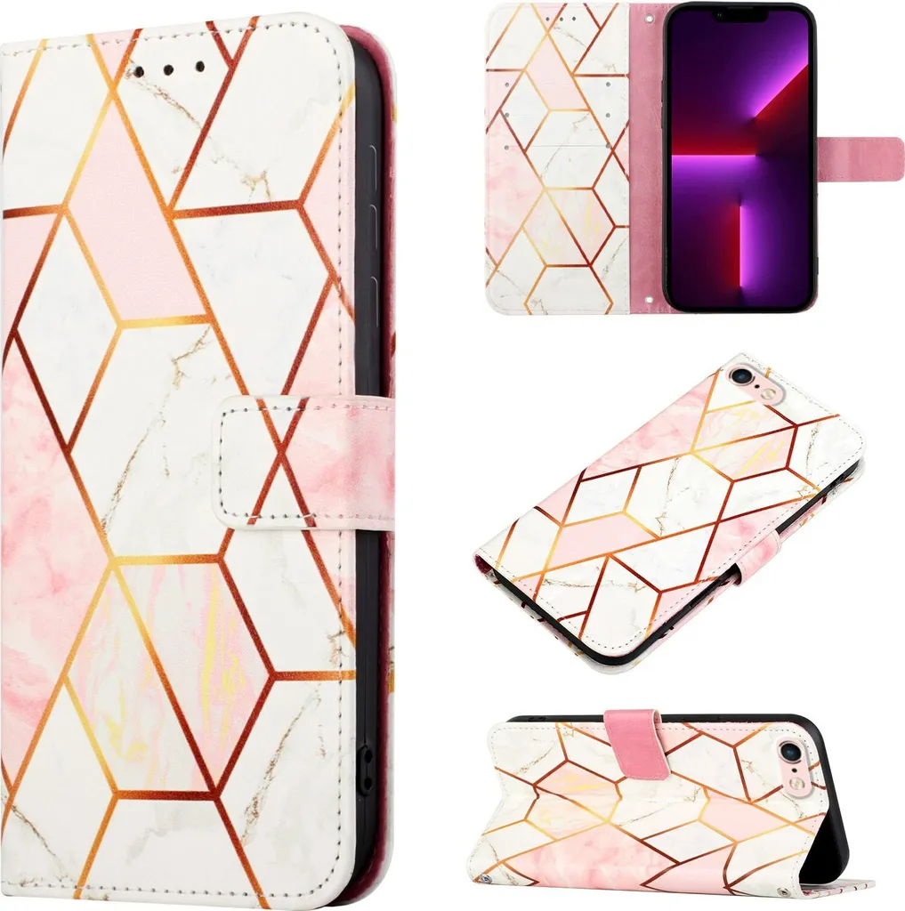 custodia iPhone SE 2020, custodia in Finto cuoio con motivo a marmo, tasche per carte, custodia stand per iPhone SE 2020 / 8 / 7 / 6s / 6 Rose Gold