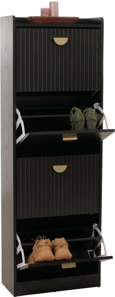 Schuhschrank HWC-O39, Schuhkipper Schuhregal 4 Klappen Klappfächer MDF Melamin Metall 148x50x24cm Holzoptik schwarz