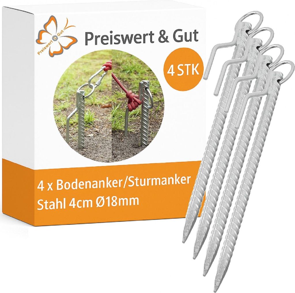 4 x Zeltheringe stabil für Zelt & Markise, Erdanker 41cm Stahl Heringe mit Haken & Ring, Camping Zubehör für festen Halt