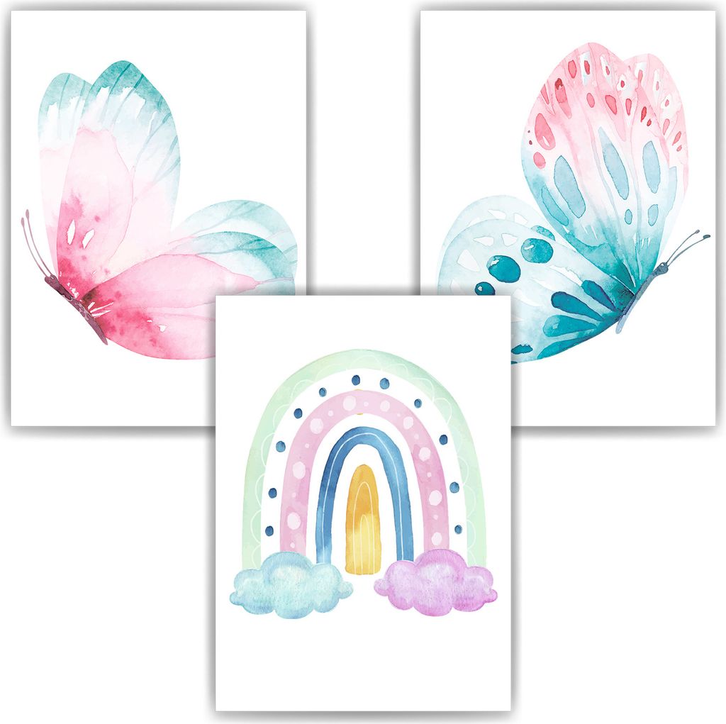 Bunte Schmetterlinge Regenbogen Bilder 3er Set DIN A4 Kinderzimmer Wandbilder Babyzimmer Poster Dekoration