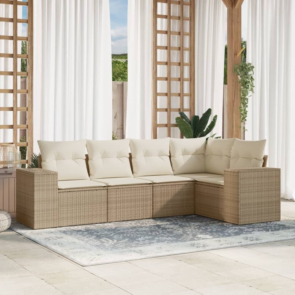 5-tlg. Garten-Sofagarnitur mit Kissen Beige Poly Rattan Produktbild 