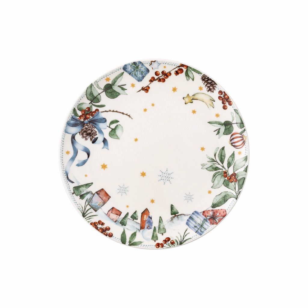 A flat plate with a Christmas-themed design.