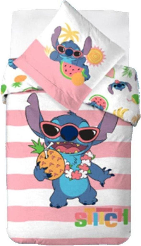 A Lilo & Stitch themed bedding set with a character graphic and striped pattern.