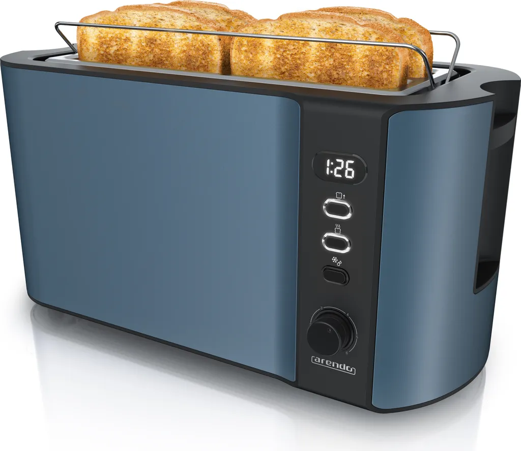 Tostapane Arendo 4 fette, tostapane a fessura lunga, fessura lunga, acciaio inox, 1500W, display con indicatore del tempo residuo, piano per il pane, funzione di scongelamento, alloggiamento termoisolante, blu