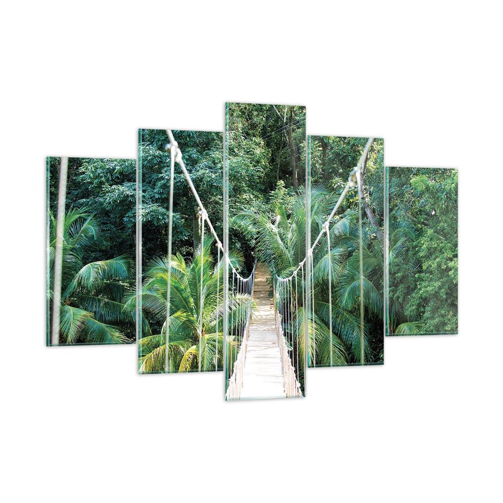 Bilder auf glas - 5 Teile - Tropen Dschungel Brücke - 150x100cm - Glasbilder - Wandbilder - Bilder - zum Aufhängen bereit - Wanddekoration aus Gl...