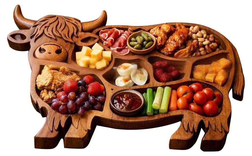 Servierbrett aus Holz in Form einer Highland-Rindskuh, niedliches Serviertablett in Kuhform, rustikale Landhaus-Essplatte mit Fächern für Käse, ...