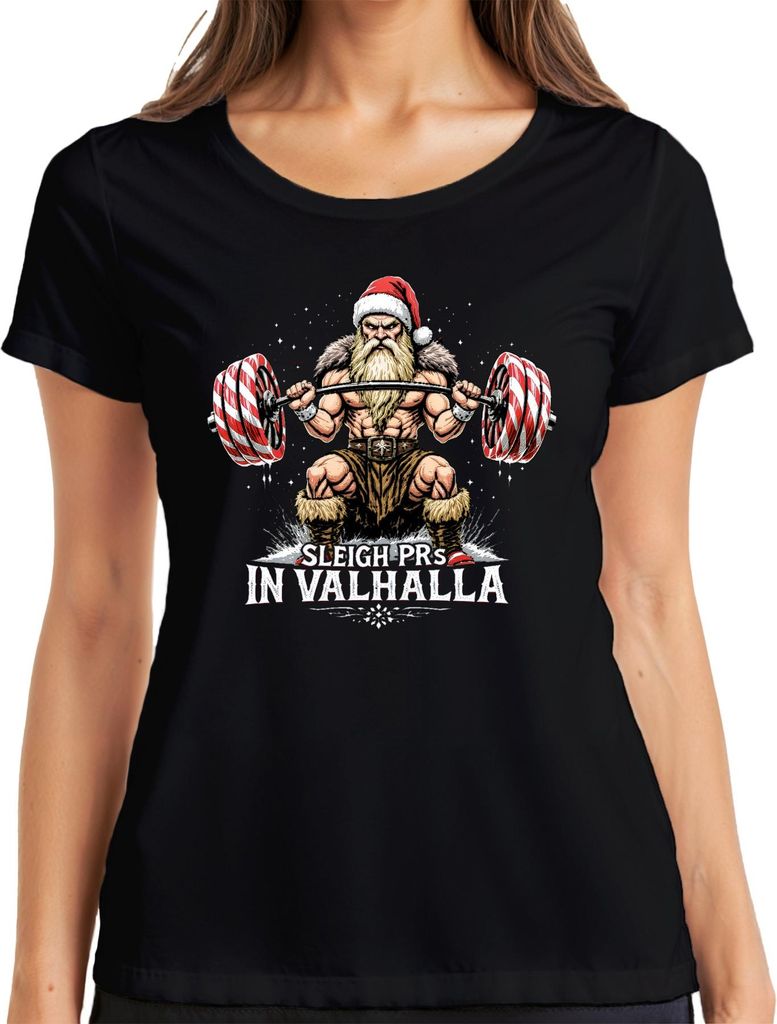 Sleigh PRs In Valhalla Powerlifting Weihnachtsmann Geschenk Gym Damen T-Shirt, Schwarz, L