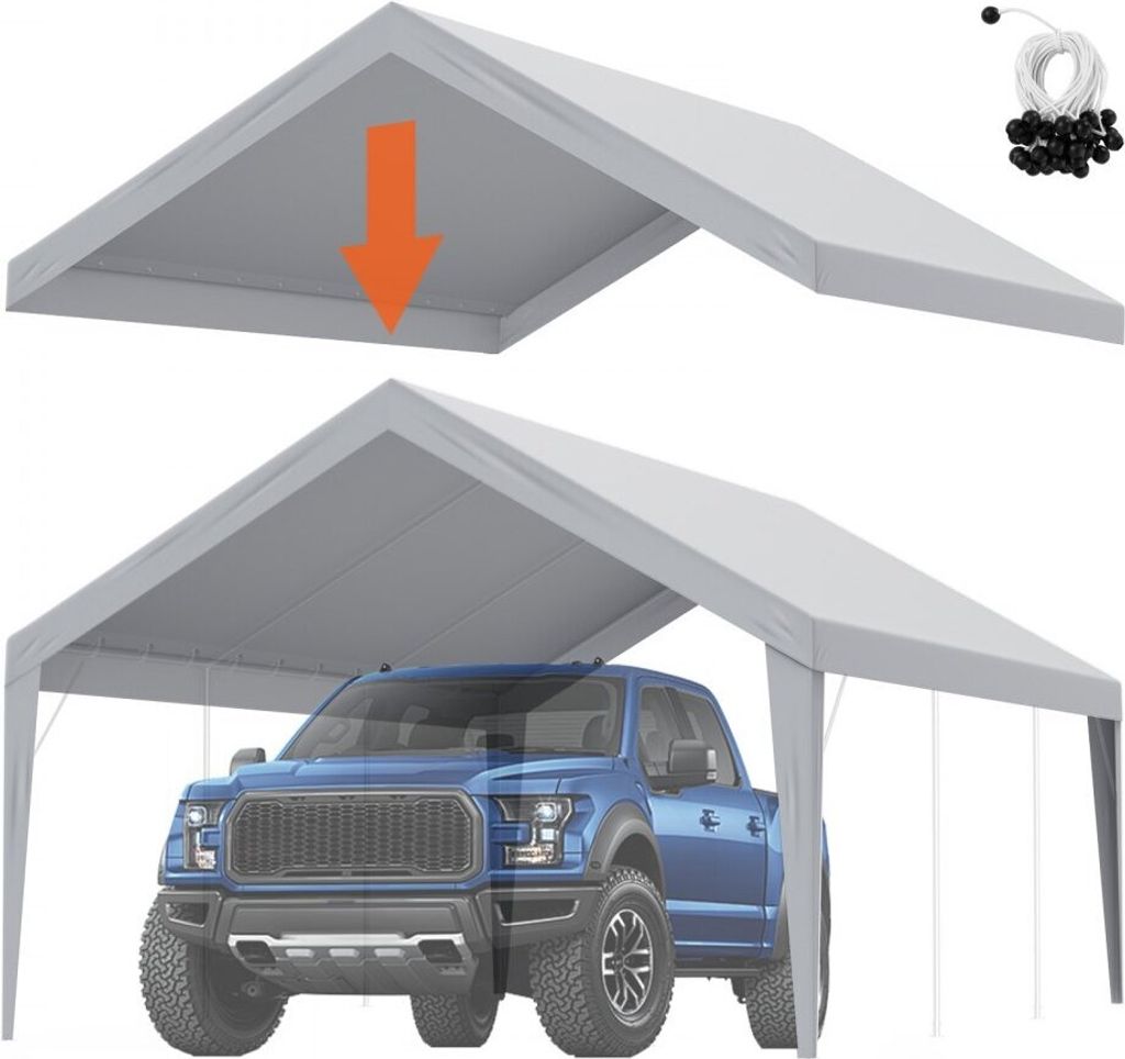 Garagenzelt Deluxe - 3,9 x 6,1 m - Robustes Garagendachzelt - Wasserdicht und UV-geschützt - Einfache Installation mit Spanngurten - Grau - Dachab...
