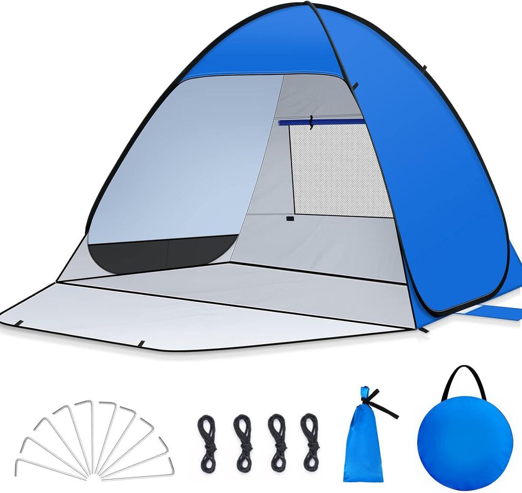 Strandmuschel, Pop-Up Strandzelt mit Reißverschlusstür, UV-Schutz 50+, Automatik Strandzelt für 2-3 Personen, Blau