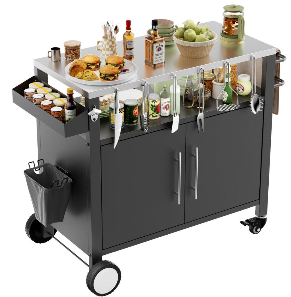 Zweitüriger Grillwagen für den Außenbereich, Grilltisch mit Stauraum, rollbarer Barwagen, Grillwagen mit Haken und Gewürzregal für Grillzubeh...
