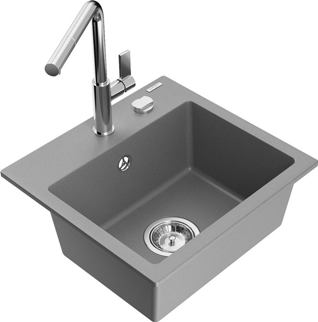 Mexen Milo 1-Becken-Granitspüle mit Mischbatterie Flora, Grau - 6505-71-670401-00