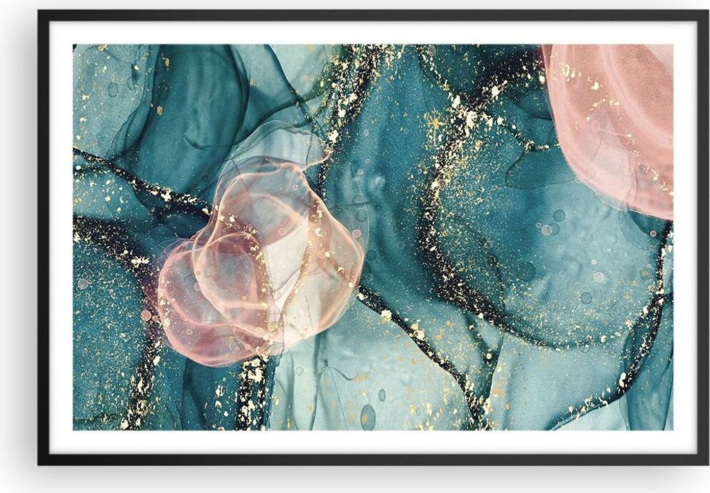 Gerahmtes Poster - Schwarzer Rahmen - Flüssigkeit Gold Rosa - 91,5x61 cm - Wand Bild - Wanddeko - Wandbilder - Kunstposter - Wandposter - Bilderra...