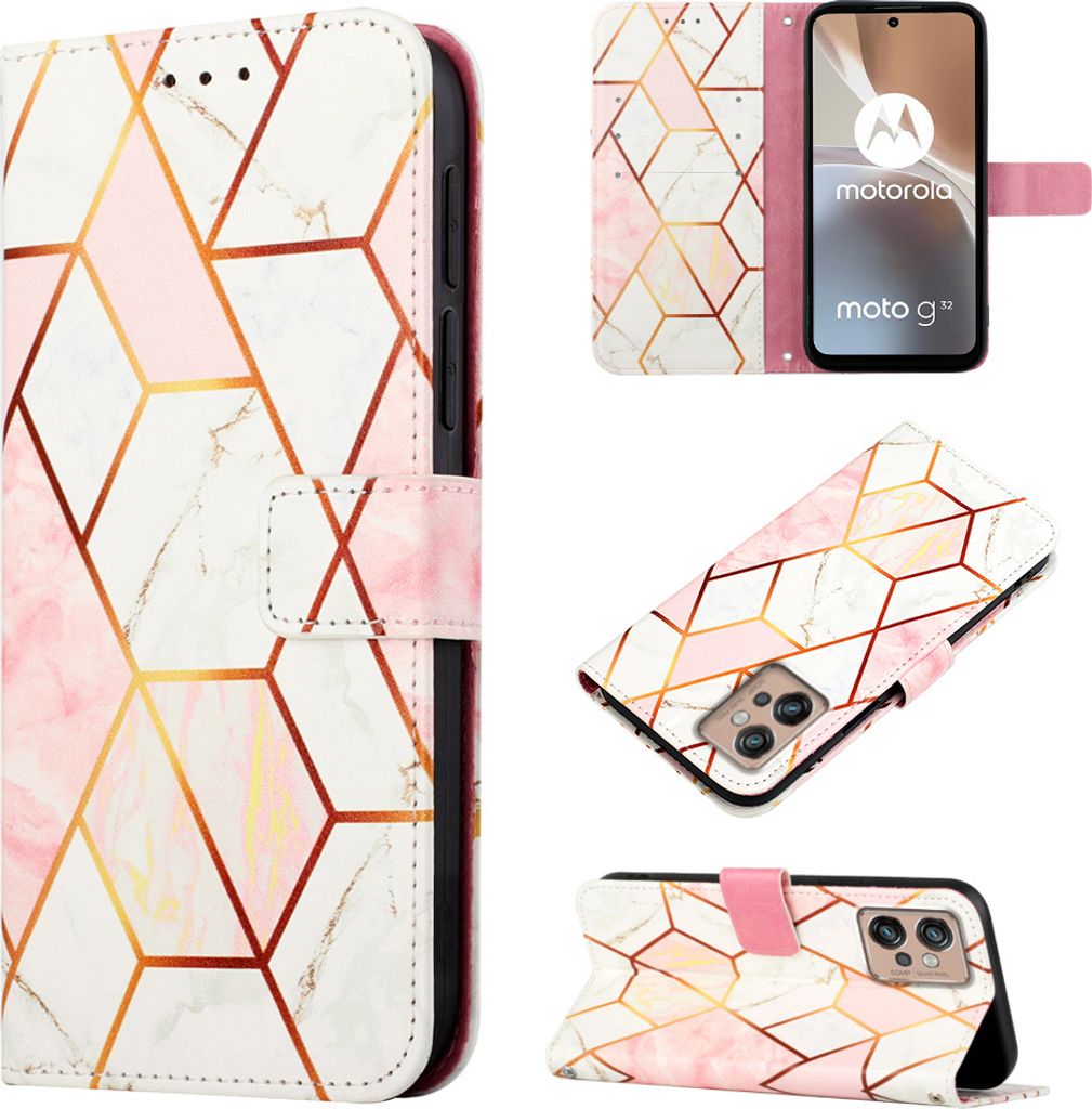 Moto G32 Hülle, Marmor Motiv Kunstleder Tasche Wallet Kartenfächer mit Standfunktion Klapp Schutzhülle für Motorola Moto G32 Roségold