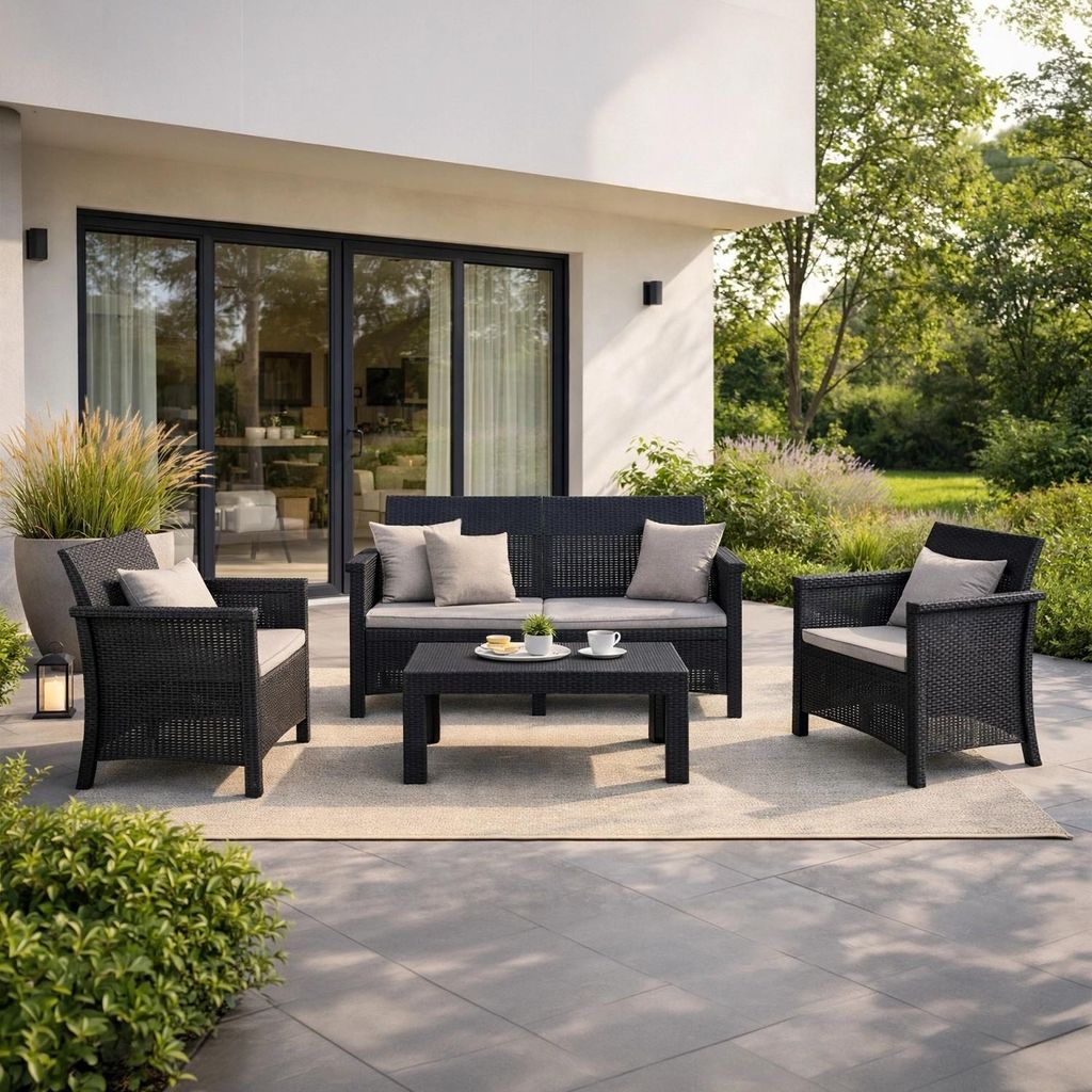 Gartenmöbel-Set BRENT, Farbe Schwarz/Grau, 2x Sessel, Sofa und Terrassentisch , Technorattan Modern