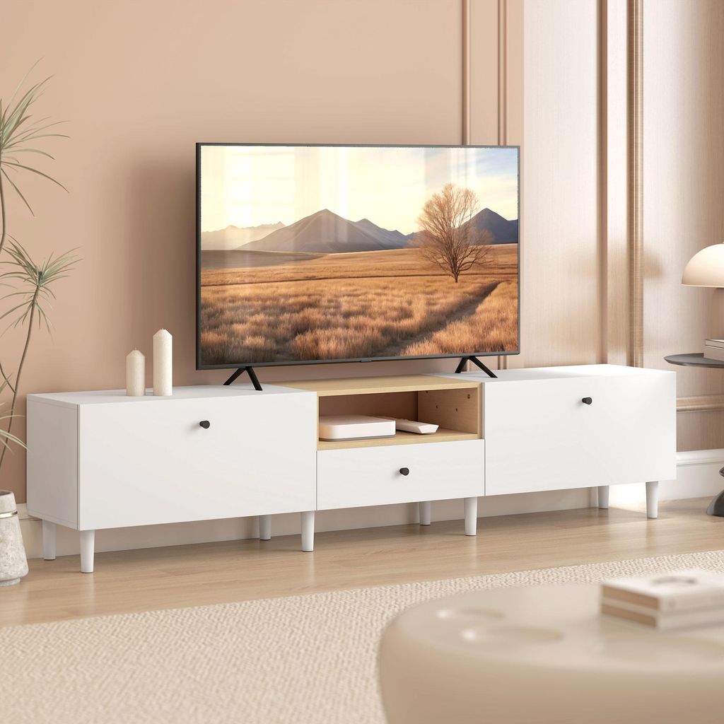200 cm TV-Kommode für Fernseher bis zu 90 Zoll, 2 Klappenfächer, offenes Fach, Schublade, 8 Beine, Spanplatte, Weiß, 200,0x35,0x45,0 cm