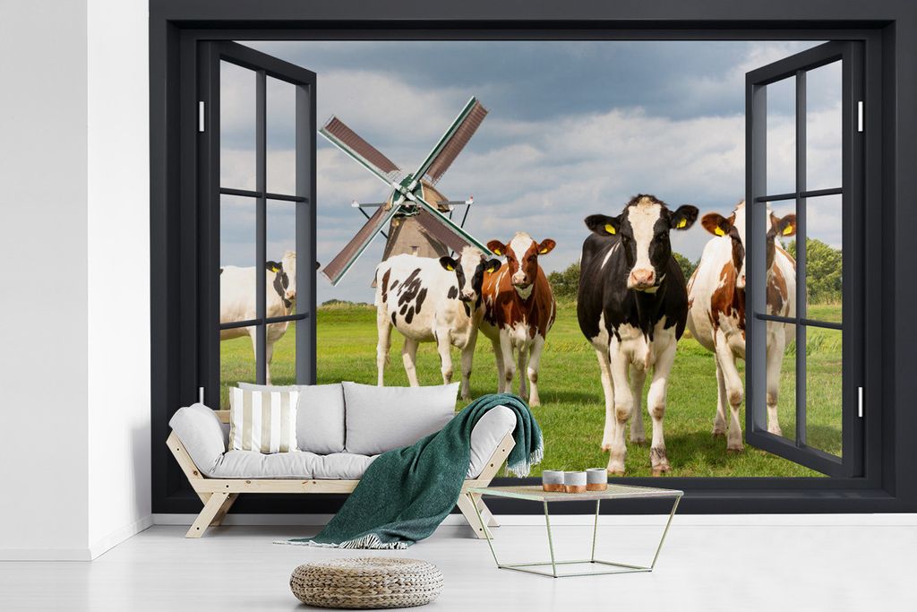 MuchoWow Fototapete für Wohnzimmer oder Schlafzimmer Wandtapete Vinyl Motivtapete Aussicht - Kuh - Mühle - Kühe - Wiese - Gras - Grün - 525x3...