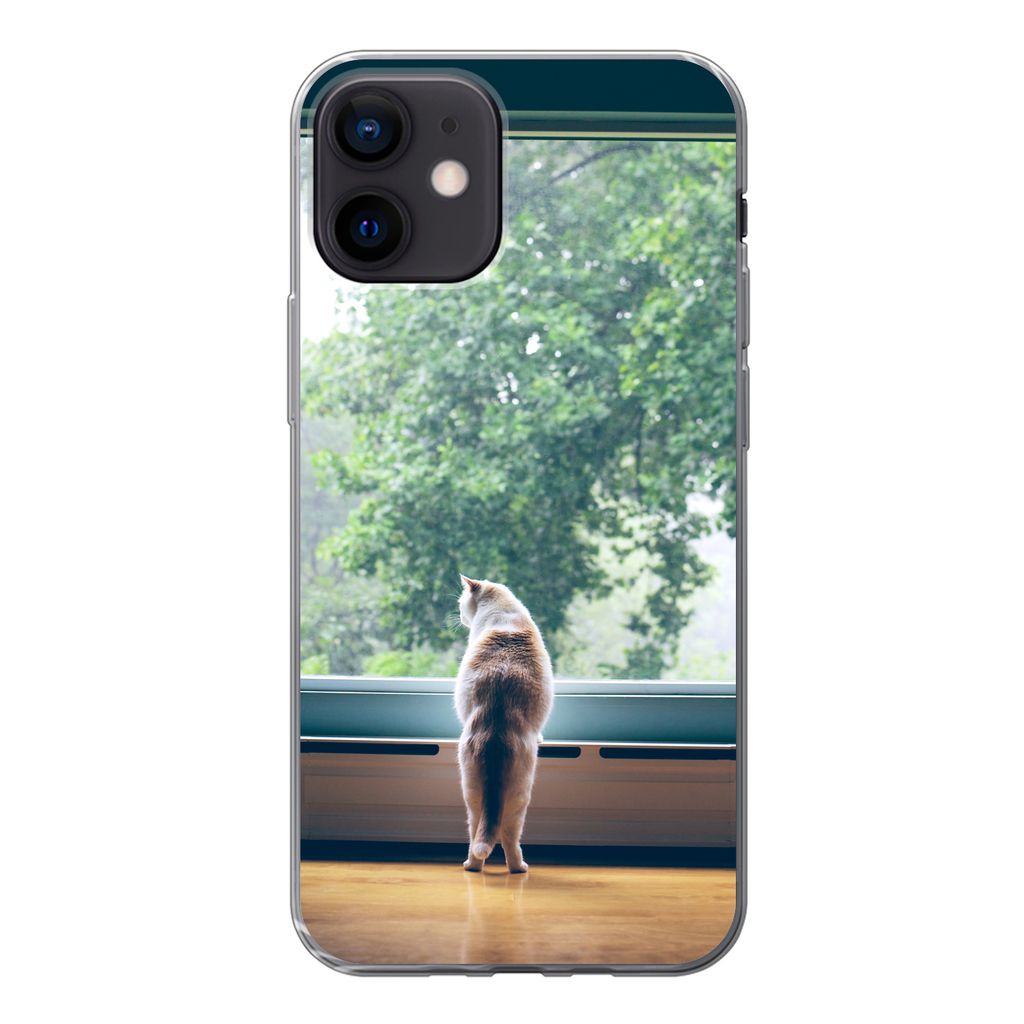 MuchoWow Handyhülle Schutzhülle Hülle für iPhone 12 Katze - Fenster - Pflanzen Silikon Softcase Handy Hülle - Schutzhülle