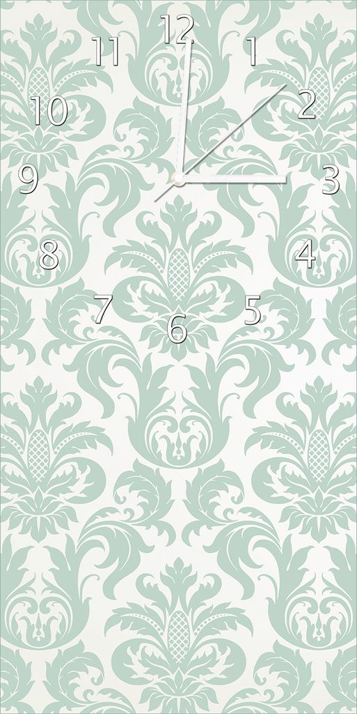 Wallario Design Wanduhr bedruckt, Größe 30 x 60 cm, Motiv: Königliche Schnörkelei in weiß und grün