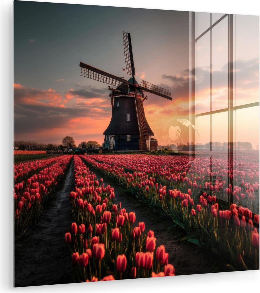 MuchoWow Glasbilder - Bilder auf Wandbild - Foto auf Glas Mühle - Sonnenuntergang - Tulpen - Rot 50x50 cm Wanddekoration aus Glas - Acrylglasbild ...