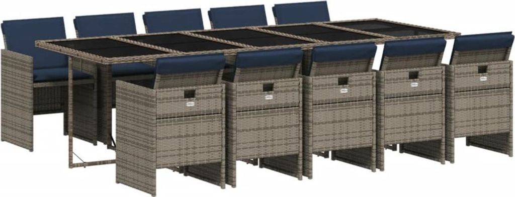 11-teiliges Garten-Ess-Set mit Kissen, grau, Polyrattan