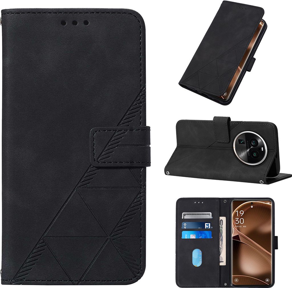 Hülle für Oppo Find X6 Pro Prägung Flip Leder Kartenfächer Schutzhülle mit Ständer Schwarz