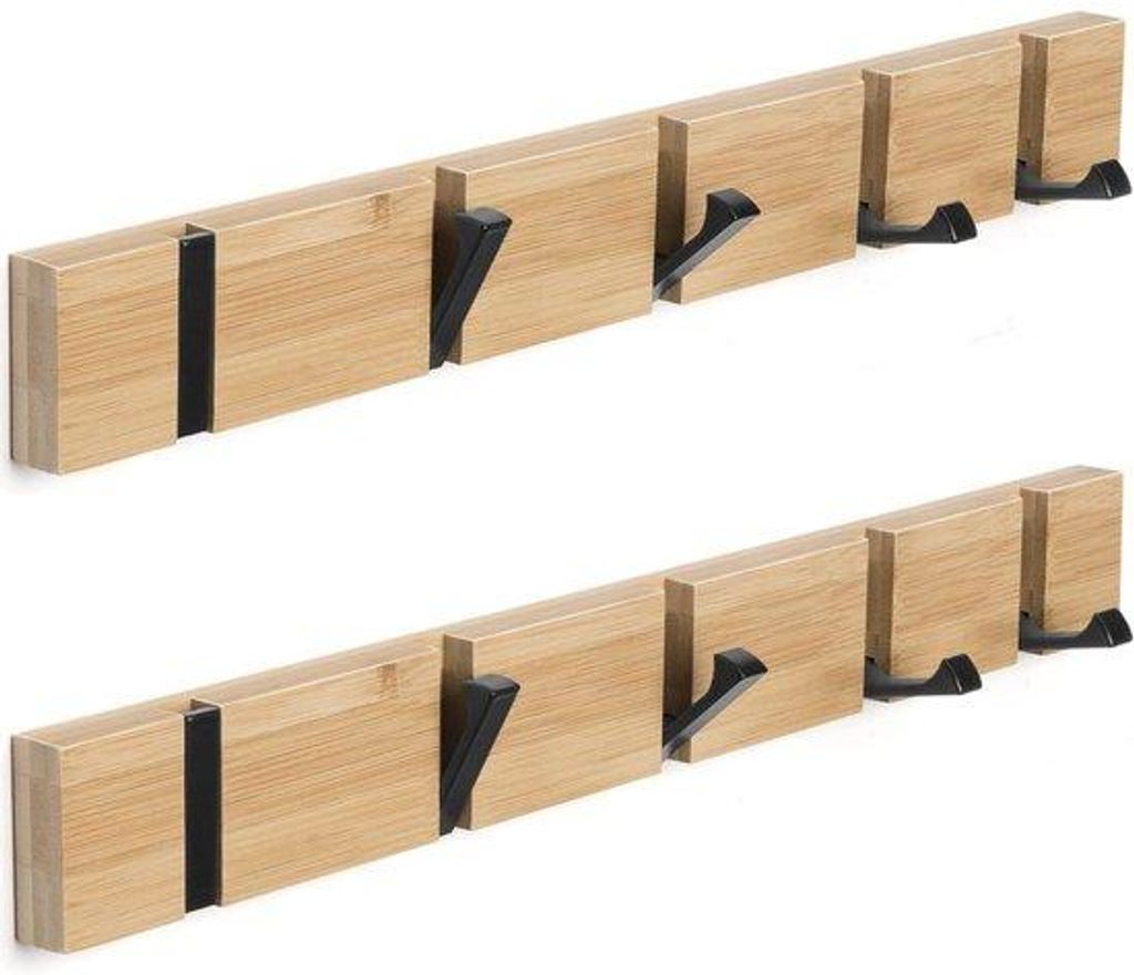 Holzkleiderstange mit Haken für Wandmontage - 2-teiliges Set - Holzkleiderstange - Klappbare Haken - 5 Haken - Für Regenmantel, Hut und Handtasch...