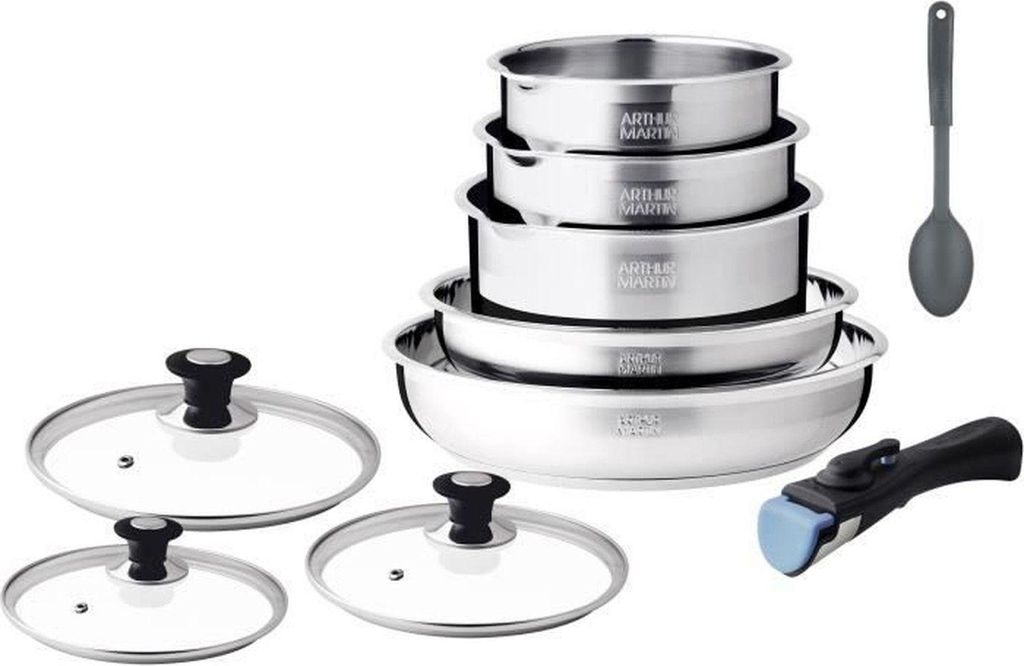 Induktionskochgeschirr-Set aus Edelstahl – 10-teilig – Abnehmbarer Griff – Geeignet für alle Herdarten, inklusive Induktion
