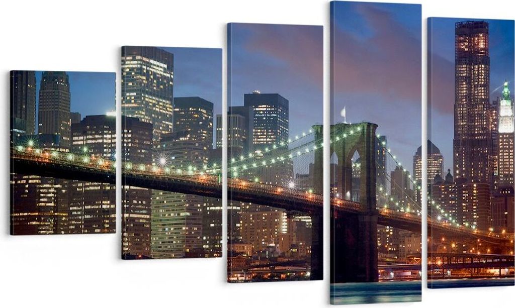 Bild auf Leinwand - Leinwandbild - Brooklyn brücke nacht new york city - 100x60cm - Wand Bild - Wanddeko - Leinwanddruck - Bilder - Kunstdruck - L...