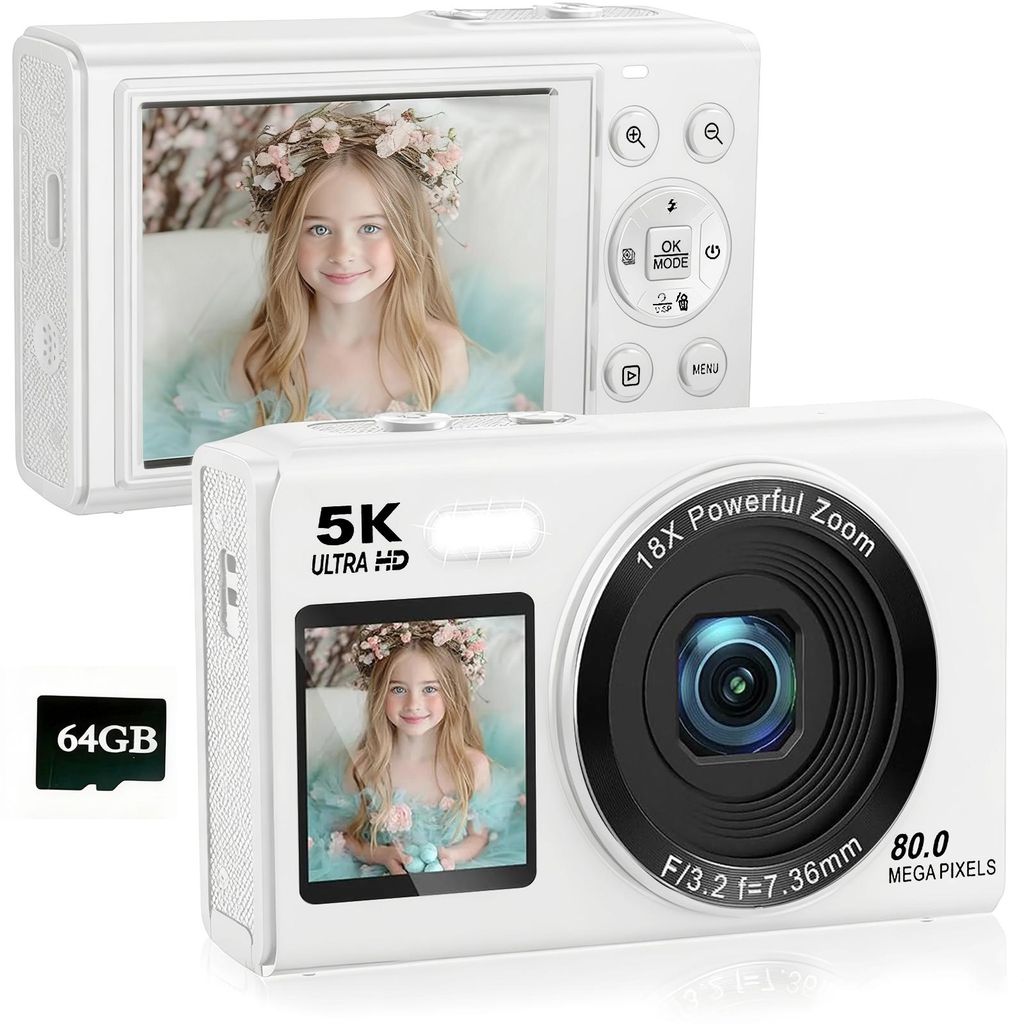 A white digital camera with a screen displaying a young girl, shown from two angles, with a 64GB memory card next to it.
