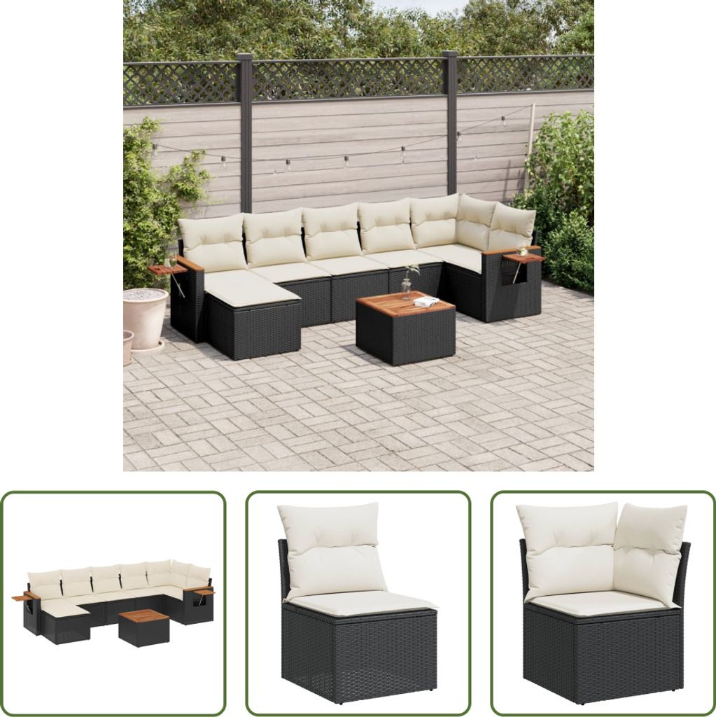 The Living Store 8-tlg. Garten-Sofagarnitur mit Kissen Schwarz Poly Rattan