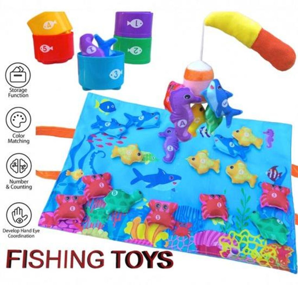ein weiches Lernbuch, ein faltbares Fischteppich und ein Spielmat.