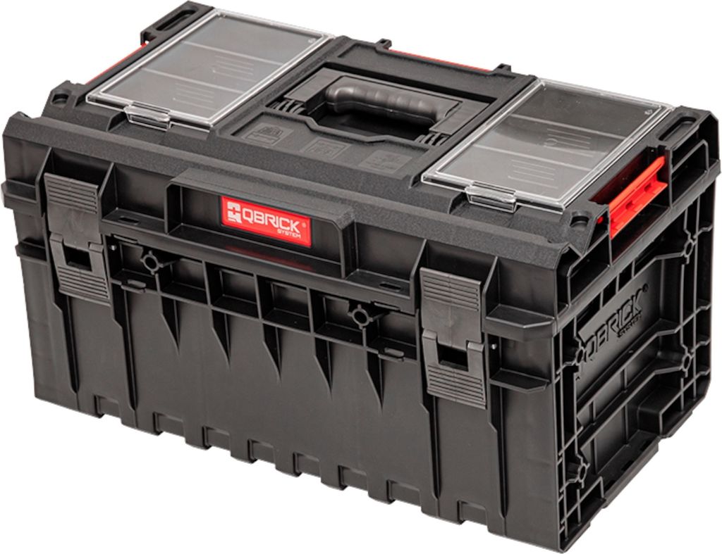 A black Qbrick System tool box with clear organizers on top, set against a white background.