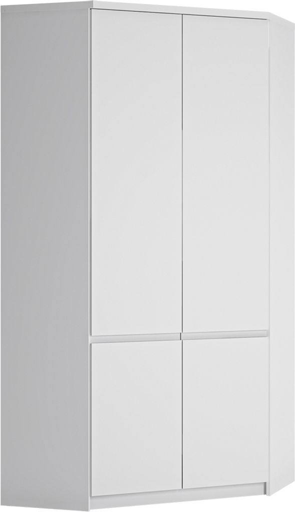 A white corner wardrobe with four doors.