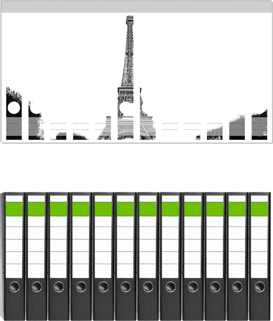 Wallario 12 Stück schmale Ordner inkl. Klebeetiketten mit Motive Eiffelturm in Paris - schwarz weiß - Set mit Rückenschildern / Ordnerrücken St...