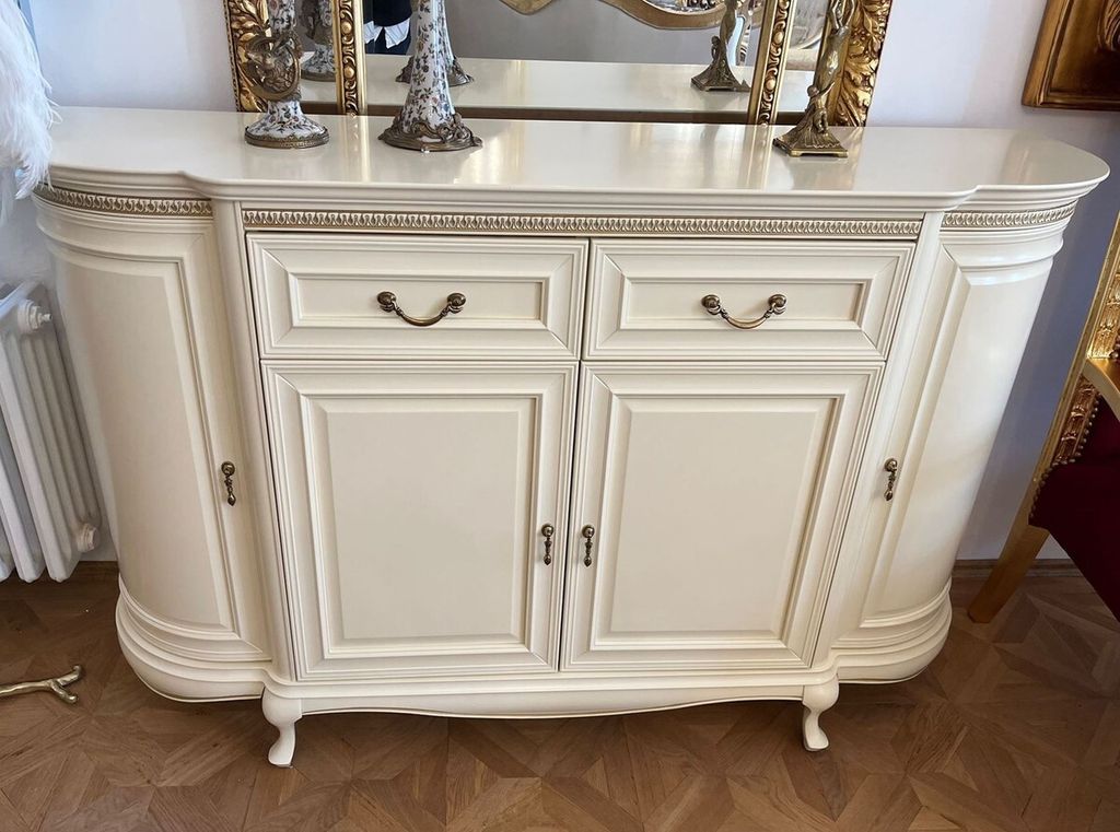 Casa Padrino Luxus Jugendstil Sideboard Creme / Antik Messing 176 x 57,5 x H. 111 cm - Eleganter Massivholz Schrank mit 4 Türen und 2 Schubladen -...