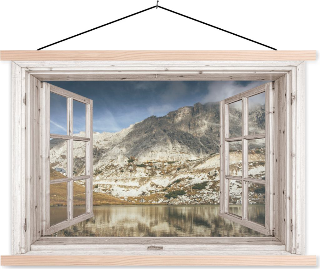 MuchoWow Textilposter Aussicht - Wasser - Berge 60x40 cm mit holzfarbenen Rahmen - Bilder