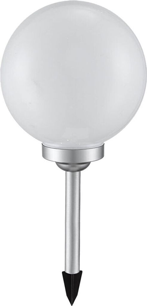 A single solar-powered garden light with a spherical white top and a silver stake.