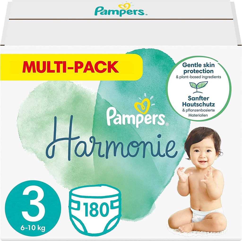 Pampers Baby Windeln Größe 3 (6-10 kg) Harmonie, MONATSBOX, Sanfter Hautschutz Und Pflanzenbasierte Inhaltsstoffe, 180 Stück