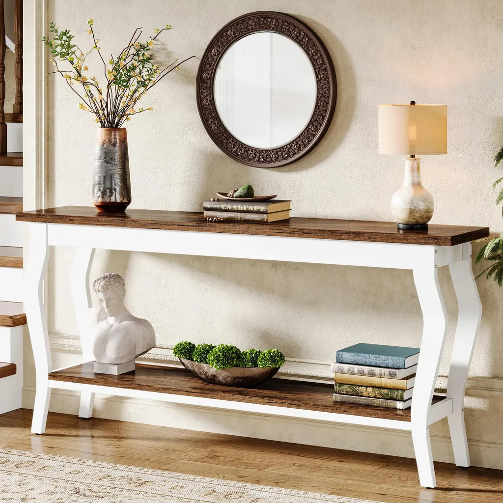 Console d'entrée fine 180 cm - Table de couloir bois et métal blanc-marron