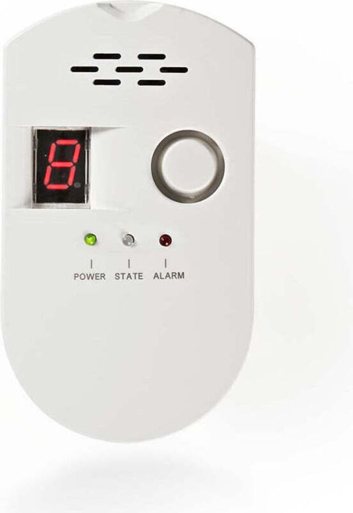 A white gas alarm device is shown against a white background.