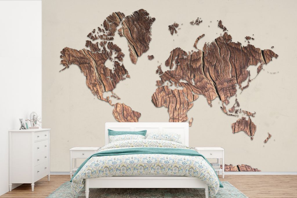 MuchoWow Fototapete für Wohnzimmer oder Schlafzimmer Wandtapete Vinyl Motivtapete Weltkarte - Holztafel - Braun - 390x260 cm - Papiertapete