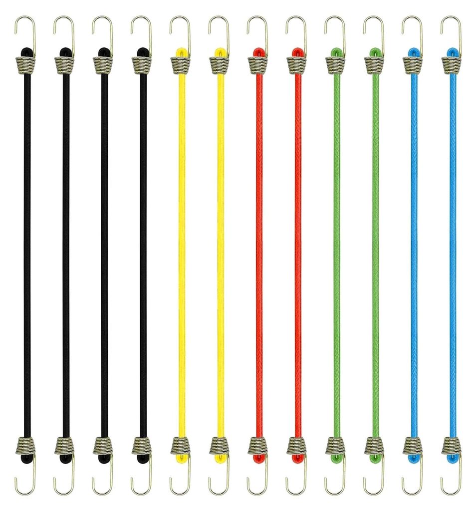 12 Stück Mini Bungee Schnüre, Gummibungee-Gurte, reißfeste Expander mit Haken, für Fahrrad, Gepäck, Plane, Auto, Wohnmobil und Outdoor-Camping...