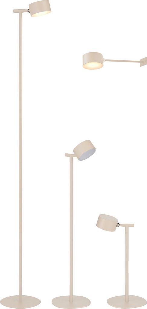 Multiple views of a beige floor lamp, a wall lamp, and a table lamp.