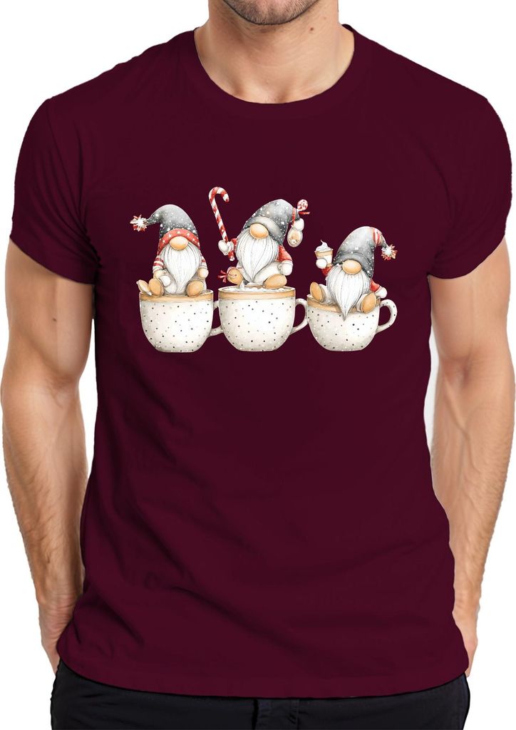 Weihnachtswichtel Becher drei Aquarell niedlich Geschenk Herren T-Shirt, Burgundy, L