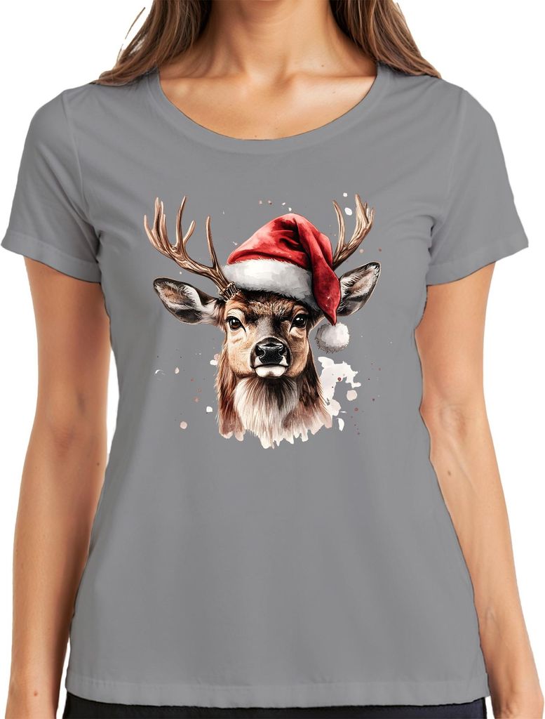 Weihnachtshirsch Rentier Aquarell realistisch Weihnachten Damen T-Shirt, Grau, M
