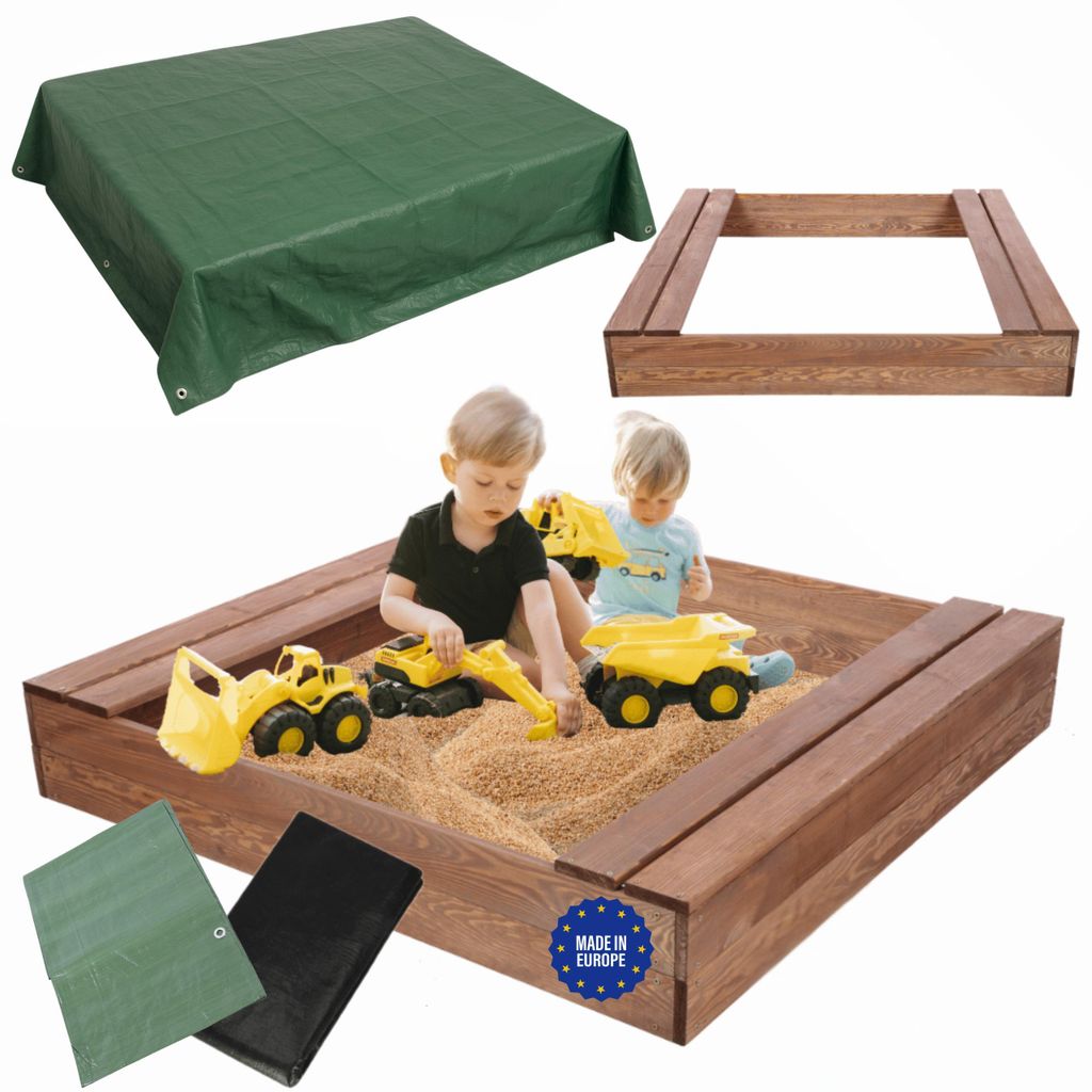 MODO24 Sandkasten Holz, Sitzbänke, Schutzplane, Holzsandkasten, Kinder Gartenspielzeug, Garten, 120x117 cm, Braun Imprägniert, PIA