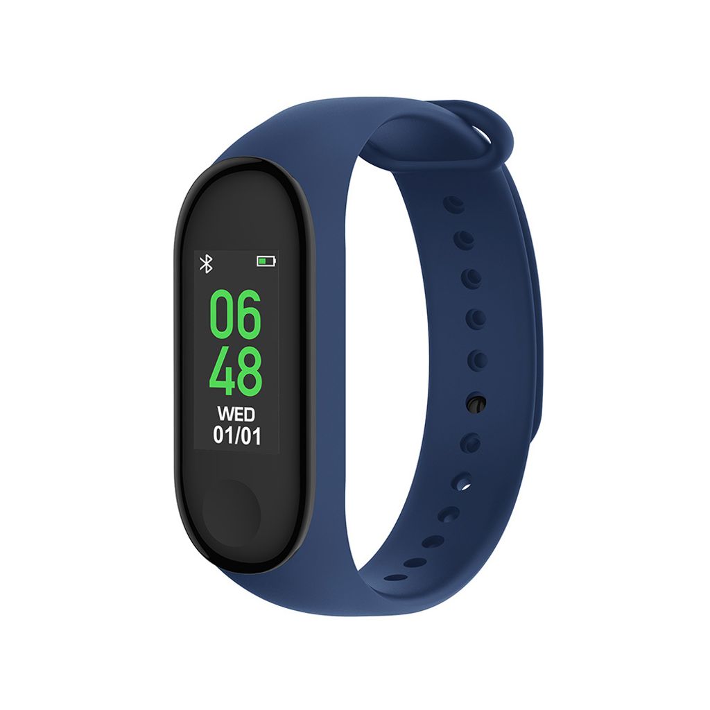 A blue fitness tracker with a black screen displaying the time and date.