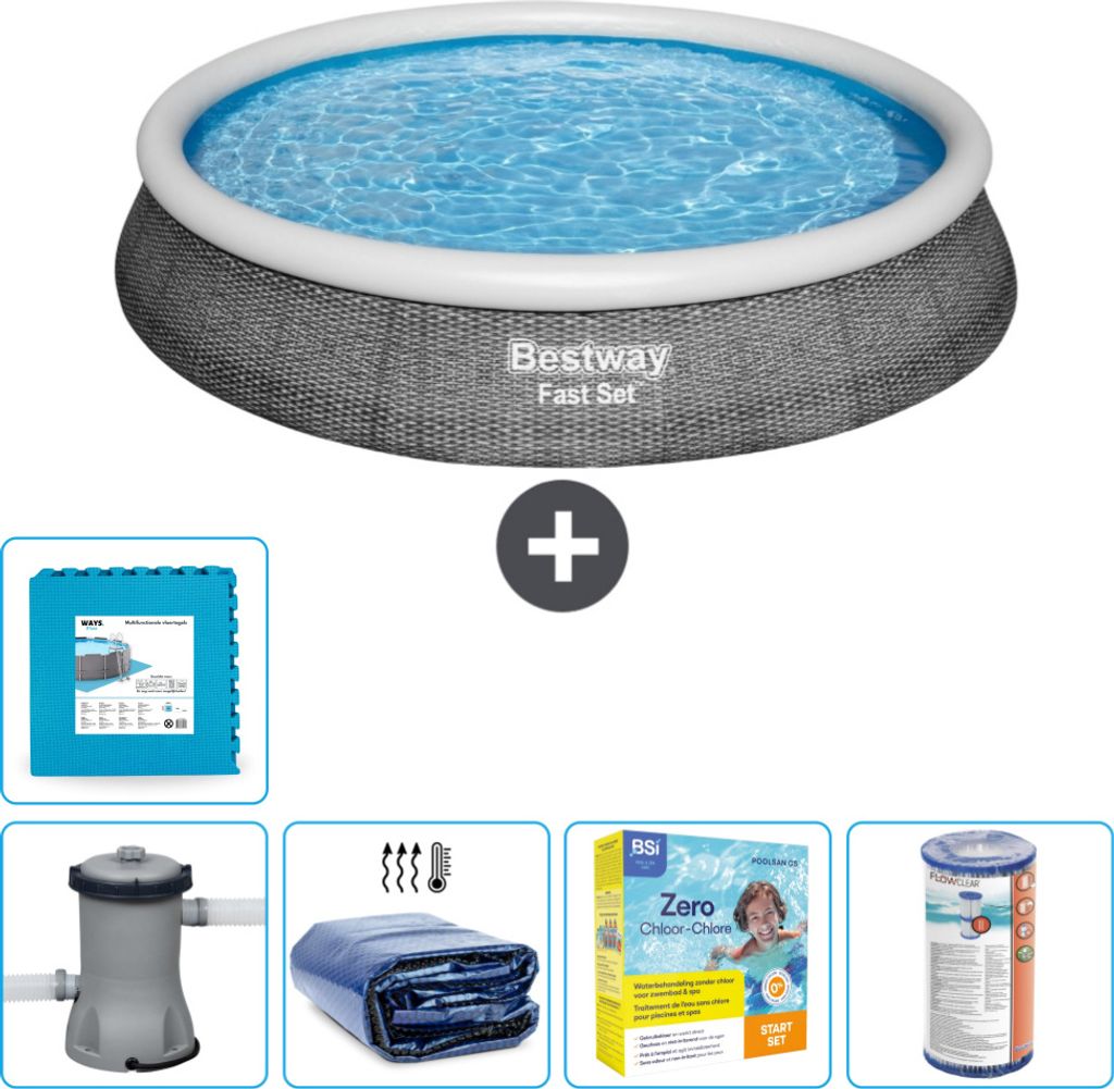 Bestway runder aufblasbarer Fast-Set-Pool – Rattan-Druck – 396 x 84 cm – inklusive Pumpe Sonnensegel - Wartungspaket - Filter - Bodenfliesen
