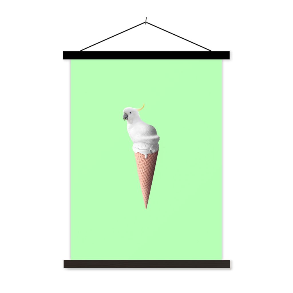 MuchoWow Textilposter Papagei - Eistüten - Eiscreme - Weiß - Grün 120x160 cm mit schwarzem Rahmen - Magnetischer